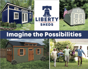 A blue studio shed, gray barn style shed and a green and brown Southern Classic shed featured with a family in yards. The words Imagine the Possibilites and the Liberty Sheds logo are included.