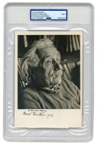 Group of Albert Einstein photos and ephemera, including Einstein’s 15-cent “Postage Stamp” portrait after Hermann Landshoff, signed by Einstein and dated 1947 (est. $15,000-$20,000).