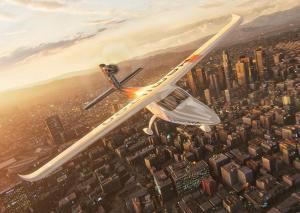 Smartflyer electric passenger Air Taxi soaring quietly over a busy city