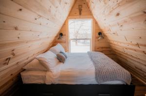 A Frame interior at Big Rock Creek queen sized bed