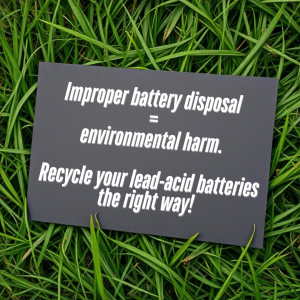 Image of a lead-acid car battery resting on a lawn indicating it has been improperly disposed of. Text ontop of the battery reads "Improper battery disposal = environmental harm".