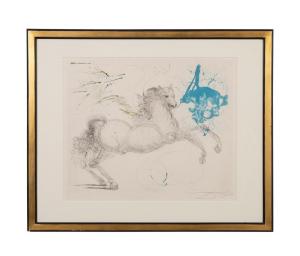 Etching and aquatint in colors on Japon paper by Surrealist master Salvador Dali (Spanish, 1904-1989), titled Pegasus, from the “Mythology” series, circa 1963, artist signed lower right ($11,495).