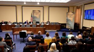 House members listening to Mrs. Maryam Rajavi's opening remarks. From left are reps. Keith Self, Randy Weber, Mario Diaz-Balart, Tom McClintock, Zoe Lofgren, and Danny Davis during the 26 Feb 2025 House Hearing, where she received bi-partisan support of 150 members.