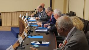 Representatives (from left) Keith Self, Brad Sherman (speaking), Mario Diaz-Balart, Tom McClintock, Zoe Lofgran and Danny Davis during the 26 Feb 2025 House Hearing by Iran Human Rights and Democracy Caucus where Maryam Rajavi testified on the future of Iran.