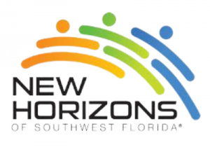 A logo for New Horizons of SWFL features curved orange, green and blue lines.