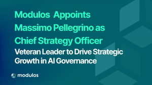 Announcement graphic with a dark teal background. White and light teal text reads: 'Modulos Appoints Massimo Pellegrino as Chief Strategy Officer. Veteran Leader to Drive Strategic Growth in AI Governance.' The Modulos logo appears in the bottom left corn