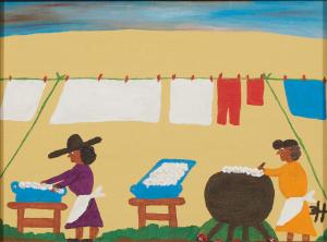 Oil on canvas board painting titled Wash Day by the renowned African American folk artist Clementine Hunter (La., 1887-1988), a fine representation of her work (est. $4,000-$8,000).