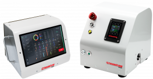 Left: Alicat FusionFlow MXM lab gas mixer with side handles and touchscreen control interface. Right: Alicat FusionFlow IXM industrial gas mixer with EMO switch, color LCD screen and key lockout..