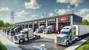 A bustling truck and trailer repair center with mechanics hard at work, servicing multiple trucks to keep them road-ready and running efficiently.