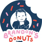 Brandon's Donuts logo featuring a bitten donut shape with pink sprinkles, highlighting gourmet donuts, custom donut catering, and specialty baked treats.