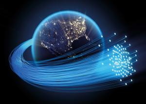 Glowing optical fibers wrapping around the night side of Earth.
