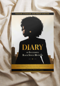 A copy of the book "Diary of Successful Black Single Mothers" resting on soft beige fabric. The cover features a silhouette of a Black woman with natural hair against a city skyline. Authored by Dr. Vicki Wright Hamilton and featuring contributions from t