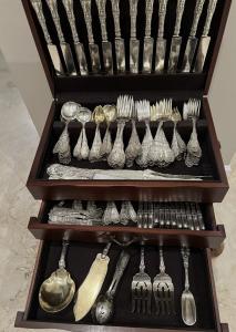 Spectacular 280-piece Gorham sterling silver flatware service for 12 in the Paris pattern previously owned by the renowned author Anne Rice (1941-2021) (est. $16,000-$20,000).