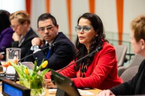 S.Mona Sinha, Equality Now's Global Executive Director, at the Inter-Parliamentary Union. She is sitting at a panel discussion table, speaking into a mic.