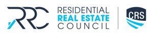 This image shows the logo of the Residential Real Estate Council (RRC). The logo consists of three parts: on the left are stylized "RRC" initials in dark navy blue with cyan blue accents; in the middle is the full name "RESIDENTIAL REAL ESTATE COUNCIL" wi