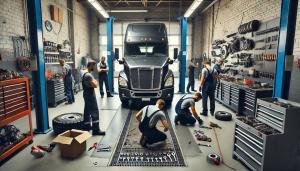 A team of diesel mechanics actively repairing a large semi-truck engine in a well-lit workshop with tools neatly arranged.