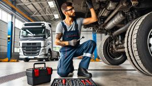 A diesel mechanic in safety gear repairing the undercarriage of a large commercial trailer, with other trucks being serviced in the background.