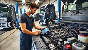 A diesel mechanic using a diagnostic tablet to inspect a semi-truck's engine in a modern repair shop, with tools and other trucks visible.