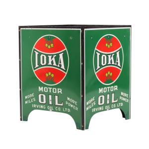 Irving IOKA Motor Oil bottle rack, made in Canada in the 1930s, comprised of four single-sided porcelain panels, overall 23 ¾ inches by 19 inches by 20 ½ inches (CA$11,800).