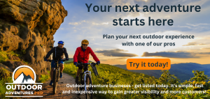 A screenshot of OutdoorAdventures.pro homepage, featuring search options for outdoor adventures by activity or destination, connecting outdoor enthusiasts with professional adventure providers