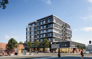 Architectural rendering of an eight-story mixed-use building at 4448 California Ave SW in West Seattle, featuring modern design, large windows, and street-level retail spaces.