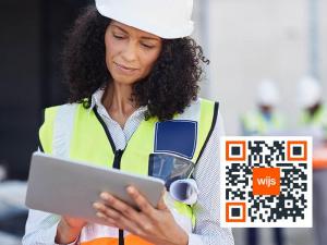 A woman in construction gear holding a tablet using the WIJS safety software with a qr code in the bottom right corner.