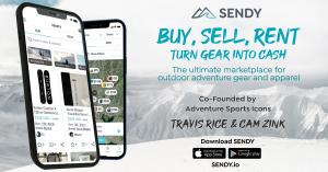 This is an image of the sendy.io marketplace interface overlayed on a hero image of a snowboarder, accompanying statics indicating SENDY's growth and traction. The UX interface features, skiis snowboards and outerwear.