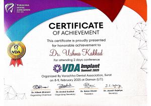 Certificate of Achievement awarded to Dr. Ushma Kakkad for attending the VDA Implant Summit 2025 held in Daman on February 8-9, 2025