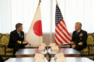 Adm. Stephen Koehler, commander, U.S. Pacific Fleet, right, meets with Adm. Ryo Sakai, chief of staff of the Japan Maritime Self-Defense Force, in Tokyo, April 15, 2024.