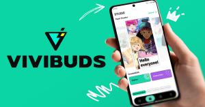 A person holding a phone displaying the VIVIBUDS logo, showcasing the app's animation features.