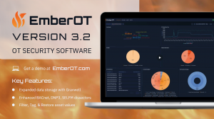 EmberOT Version 3.2, OT Security Software. Get a demo at EmberOT.com. Key Features: Expanded data storage with Gravwell; Enhanced BACnet, DNP3, SELFM dissectors; Filter, tag, and restore asset values. Scrolling image of EmberOT software dashboards showing