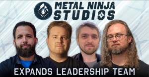 Metal Ninja Studios leadership team portrait featuring CEO Joel Rodriguez, CCO David A. Byrne, Creative Development Artist Roman Gubskii, and CMO Dillon Mysliwiec, representing the company’s expanded team to support comic book production.