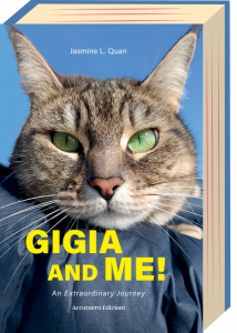 Front cover of the book titled 'Gigia and Me!: An Extraordinary Journey,' featuring a close-up headshot of a tabby cat Gigia with striking emerald green eyes looking directly at the viewer. Bold yellow text at the bottom of the cover displays the book title.