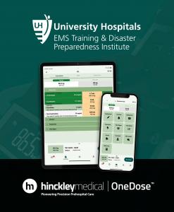 Image showing logos of University Hospitals and Hinckley Medical with screenshots of OneDose® on mobile devices.