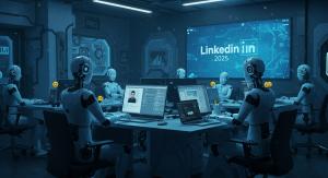 Cover image exemplifying the concept of "Garbage In, Garbage Out", showing lots of robots producing a lot of poor quality content for LinkedIn