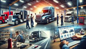 A panoramic image depicting three interconnected scenes: Mechanics repairing a semi-truck in a professional garage, fleet managers discussing a truck repair forum on a laptop, and a digital truck repair forum interface displayed on a screen with a truck g