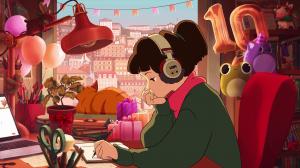 This is a decorated version of the Lofi Girl regular background. There are balloons shaped as the numbers 1 and 0 to form a 10, there are gifts on the desk and a garland on top of the it.