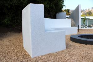 Terrazzo design: white terrazzo bench outdoors Hollywood Hills remodel