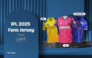 IPL 2025 Fan Jerseys featuring CSK, RR, and Mumbai Indians team jerseys, available for €9.99. Show your support for your favorite IPL team.