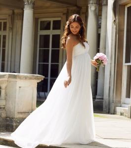 Julia is a strapless lace and chiffon princess cut maternity bridal gown