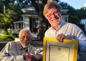 Hollywood is no stranger to Natchez. Mayor Dan Gibson (right) presents actor Morgan Freeman (left) with the Key To the City on September 10, 2022. Freeman was shooting on location in Natchez for a History Channel documentary.