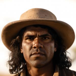 Facial shot of Dhirrari in Outback Odyssey is a proud First Nations man of the Munarrakalai people and a ‘ringer’or stockman on the Olsen Station