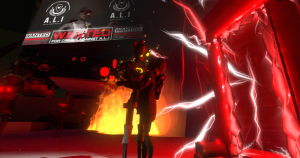 Atom, a sentient robot, and Gh0st, a fearless hacker girl, stand side by side on a rooftop engulfed in chaos. Flames erupt through the floor beneath them as towering screens project their wanted images a thousand feet high. Above, helicopters swarm, their