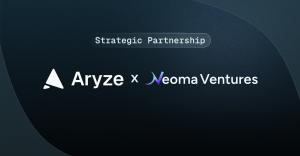 Visual banner announcing the strategic partnership between Aryze and Neoma Ventures, featuring both logos on a dark blue background with the label 'Strategic Partnership
