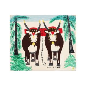 Mixed media on beaverboard signed by folk art icon Maud Lewis (Nova Scotia, 1903-1970), titled Oxen in Winter, 11 ¾ inches by 14 inches, circa 1969-1970. Estimate: CA$15,000-$18,000