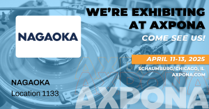 AXPONA logo and NAGAOKA logo alongside a turntable image, with the text 'We're exhibiting at AXPONA'.