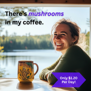 a lady sitting at her kitchen table smiling with a cup of shyne coffee