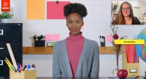 A smiling AI-generated woman interviews a potential job candidate on Job-Bolt's online portal