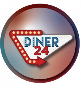 Diner 24 NYC logo with vintage-style arrow and marquee lights in red, white, and blue.