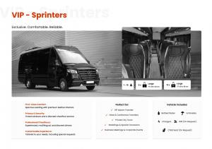 Mercedes-Benz Sprinter VIP minibus exterior and interior view showing black exterior, luxury quilted leather seating, with capacity for 16 passengers and luggage storage options